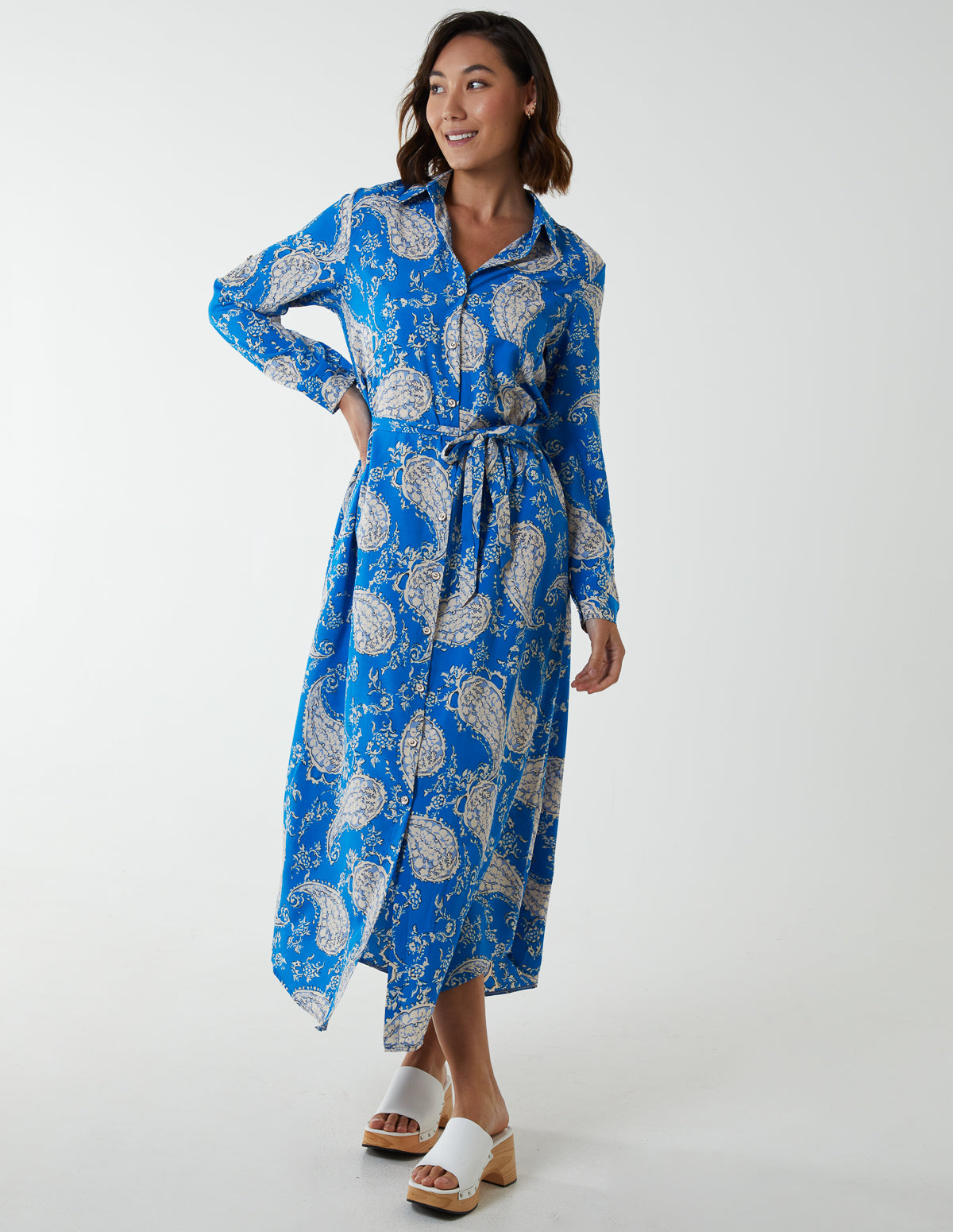 Paisley Belted Dress - 8 / BLUE