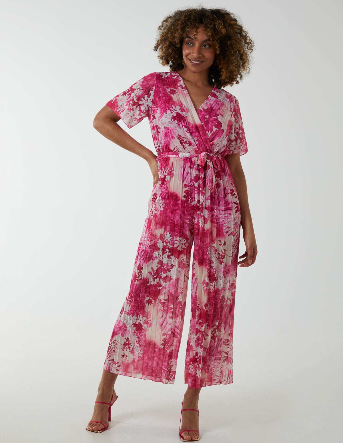 Pleated Wrap Tropical Jumpsuit - S / HOT PINK