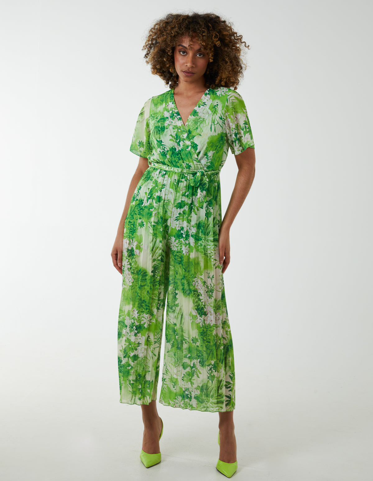 Pleated Wrap Tropical Jumpsuit 