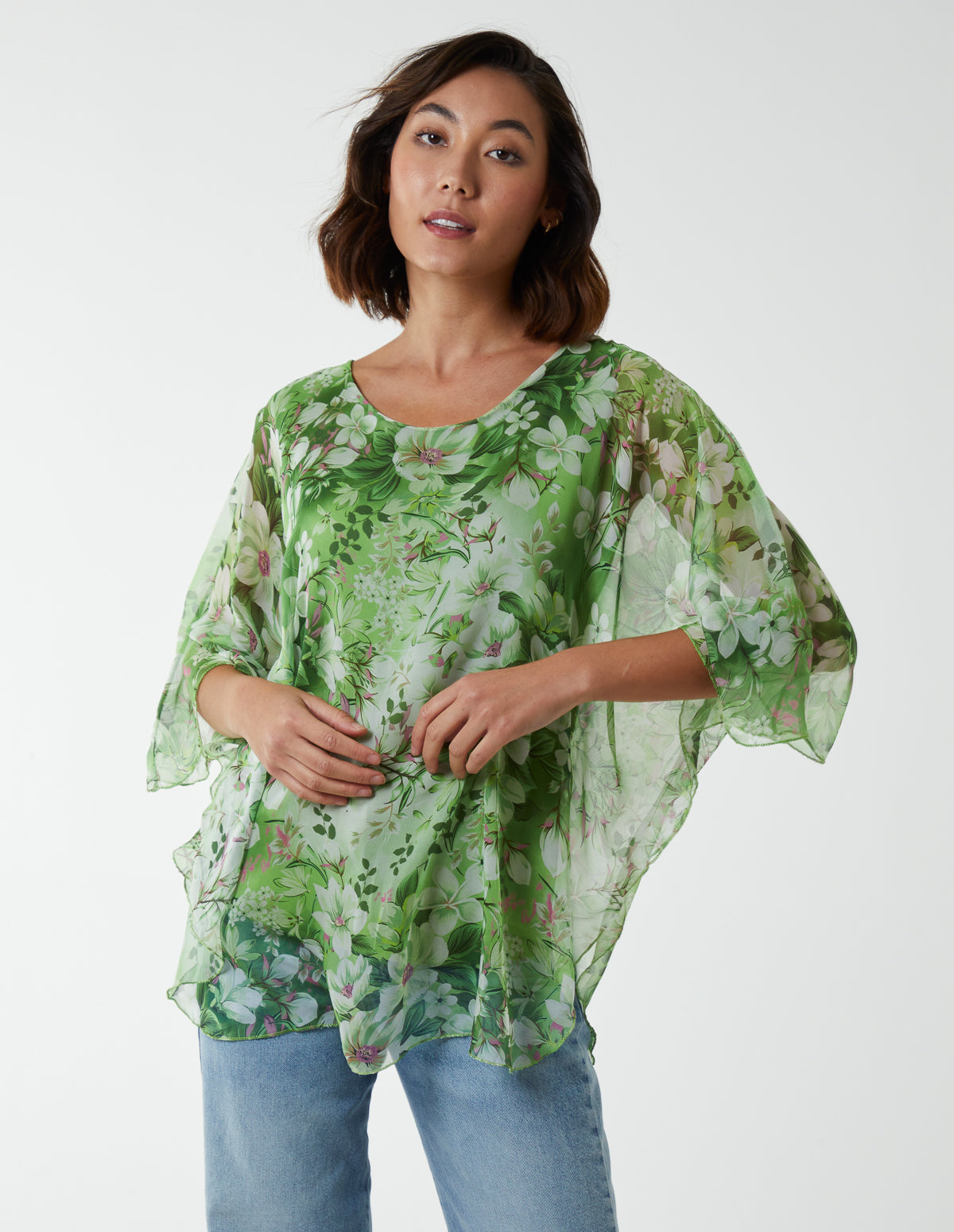 Garden Floral Curved Poncho Blouse 