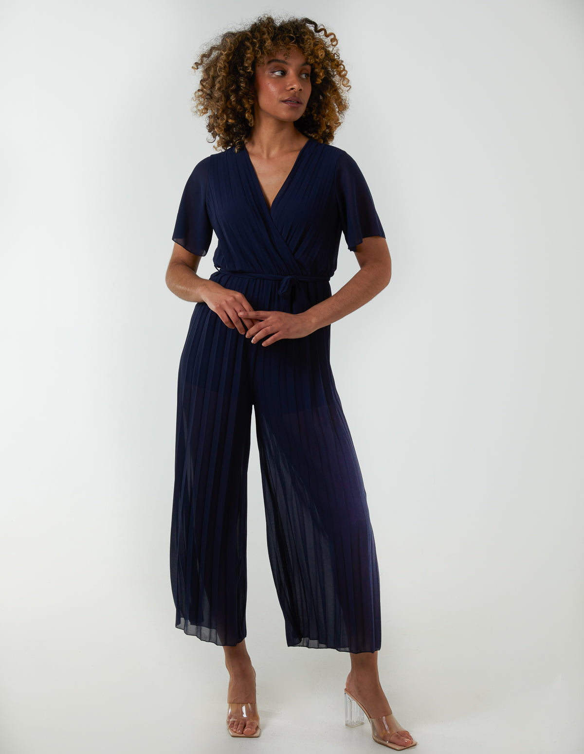 Pleated Wrap Over Jumpsuit - S / NAVY
