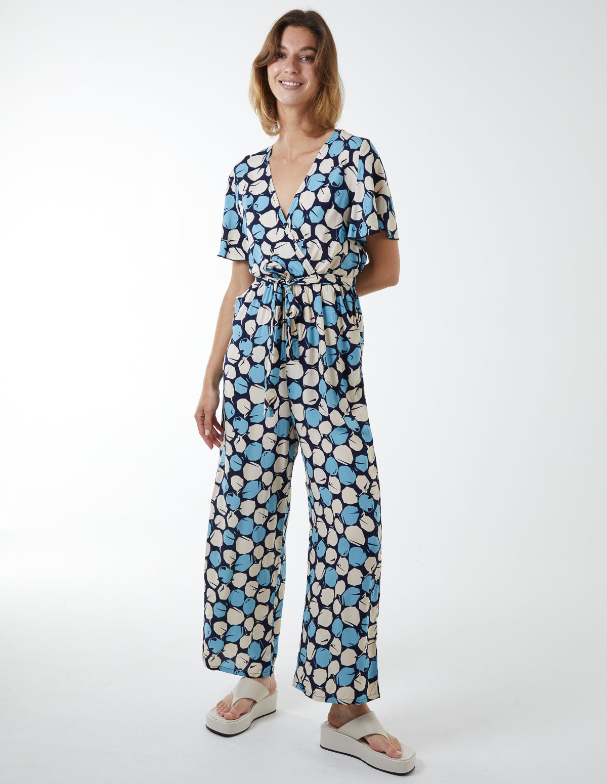 Abstract Honeycomb Cross Over Jumpsuit - L / BLUE