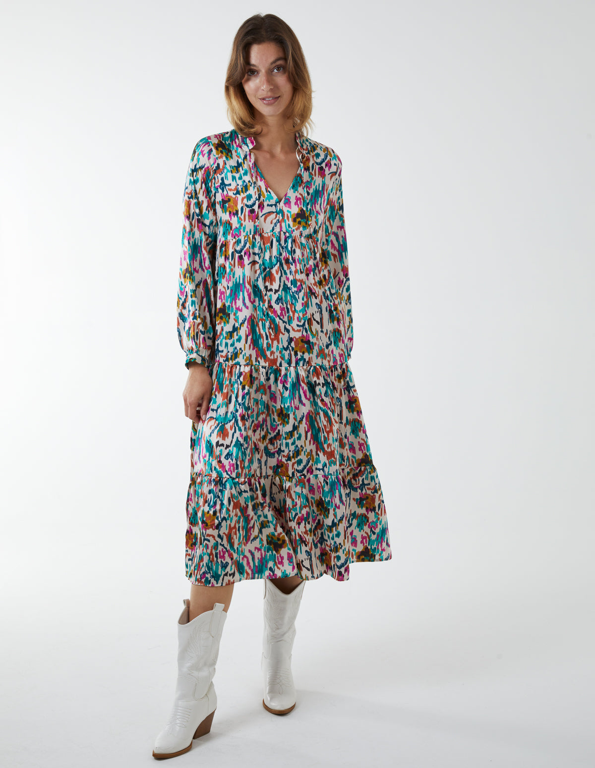 Multi Tiered Abstract Print Midi Dress 