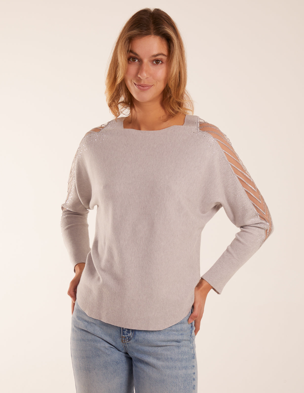 Diamante Chevron Batwing Jumper - S/M / GREY