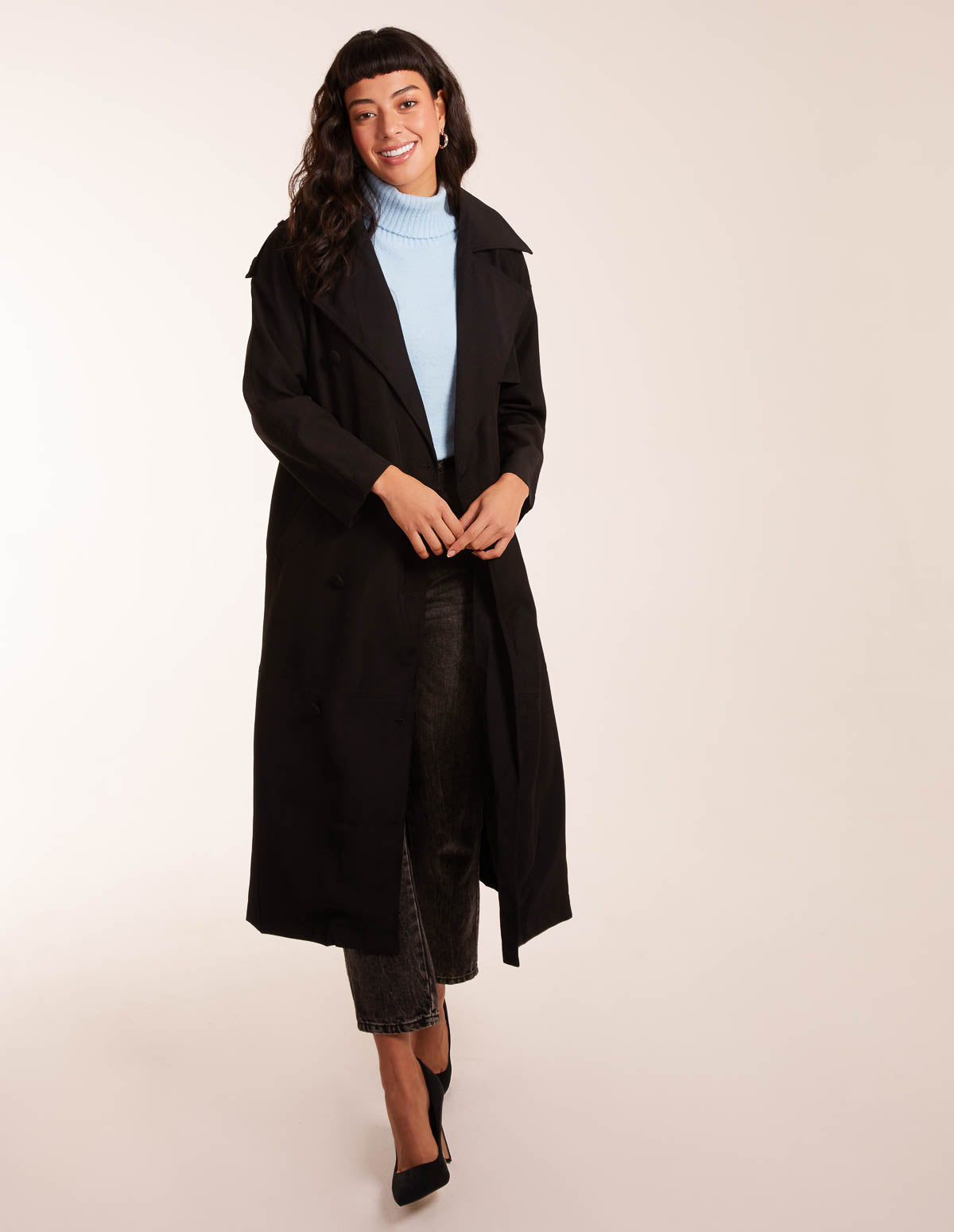 Double Breasted Trench Coat - L / BLACK