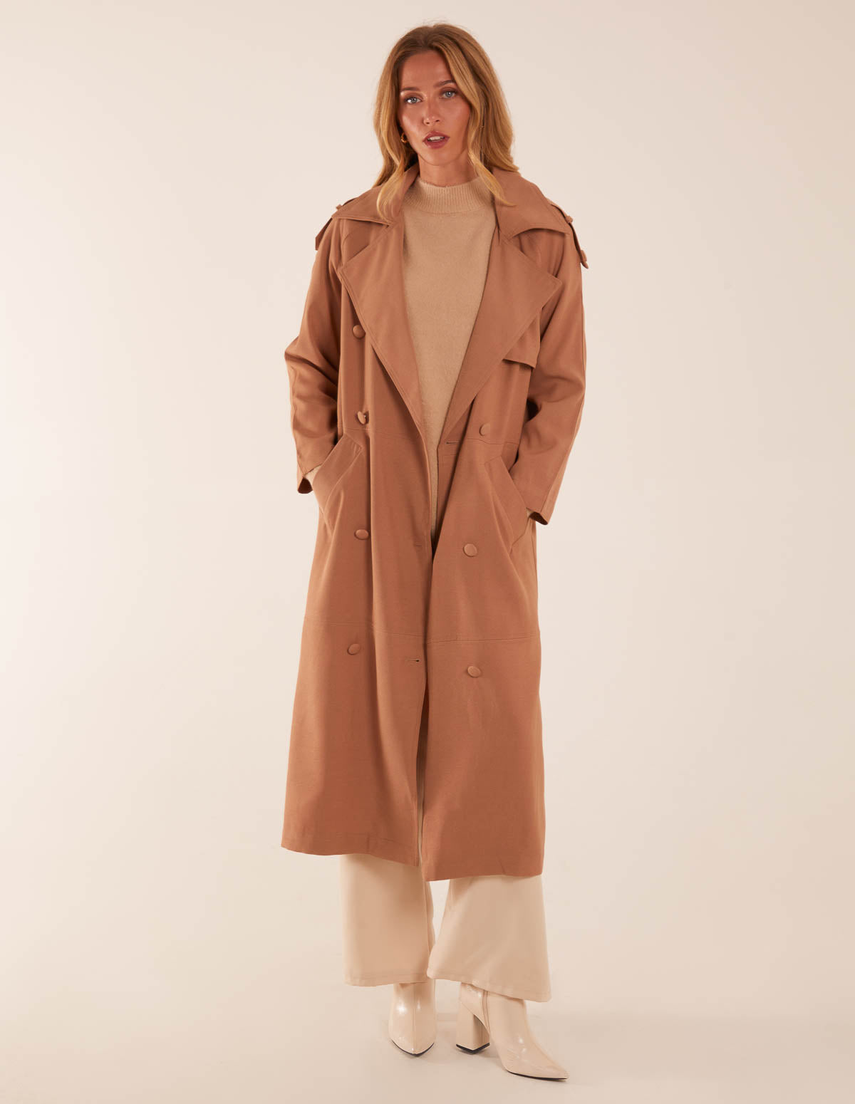 Double Breasted Trench Coat - L / Camel