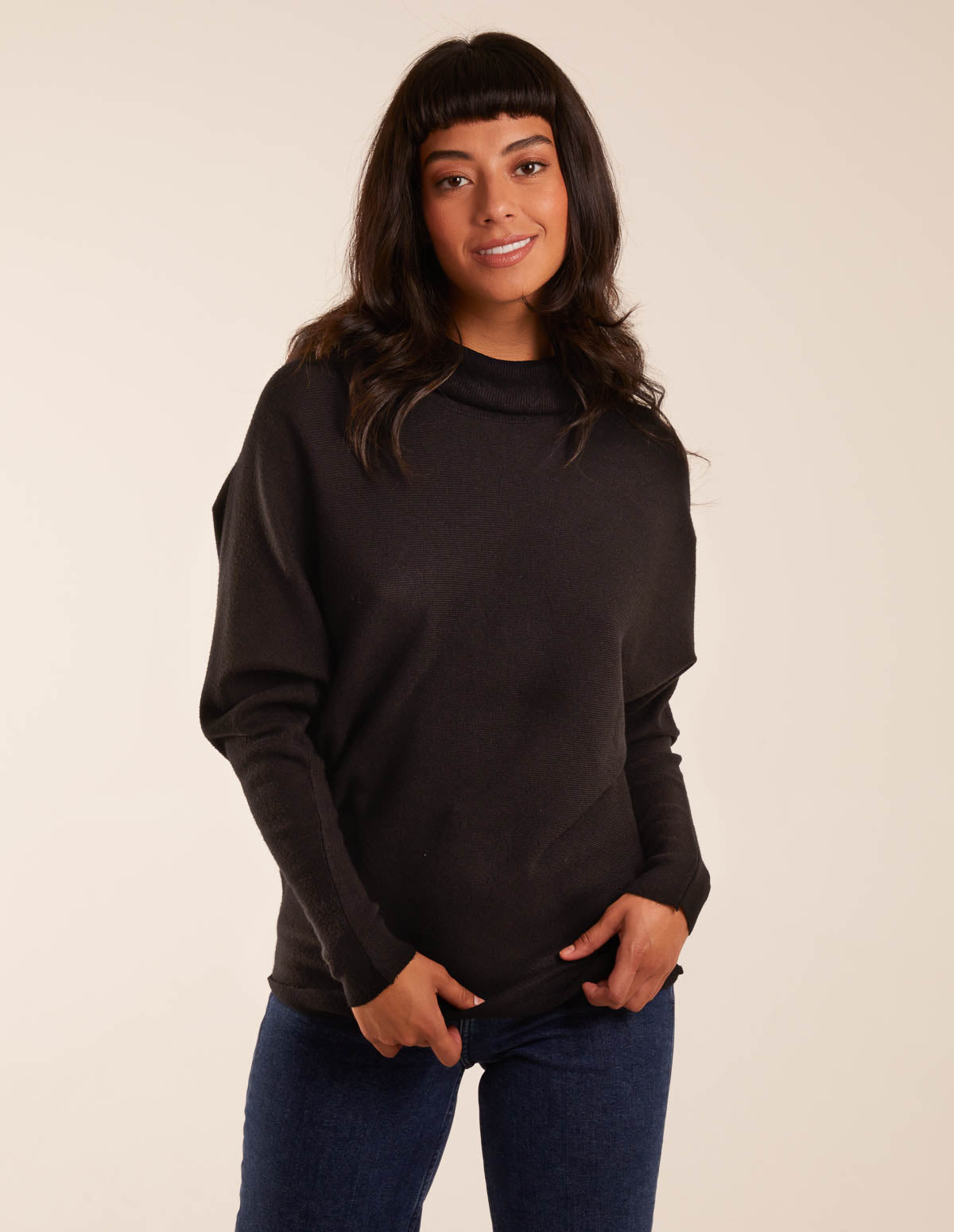 Oversized Roll Neck Batwing Jumper - M/L / BLACK