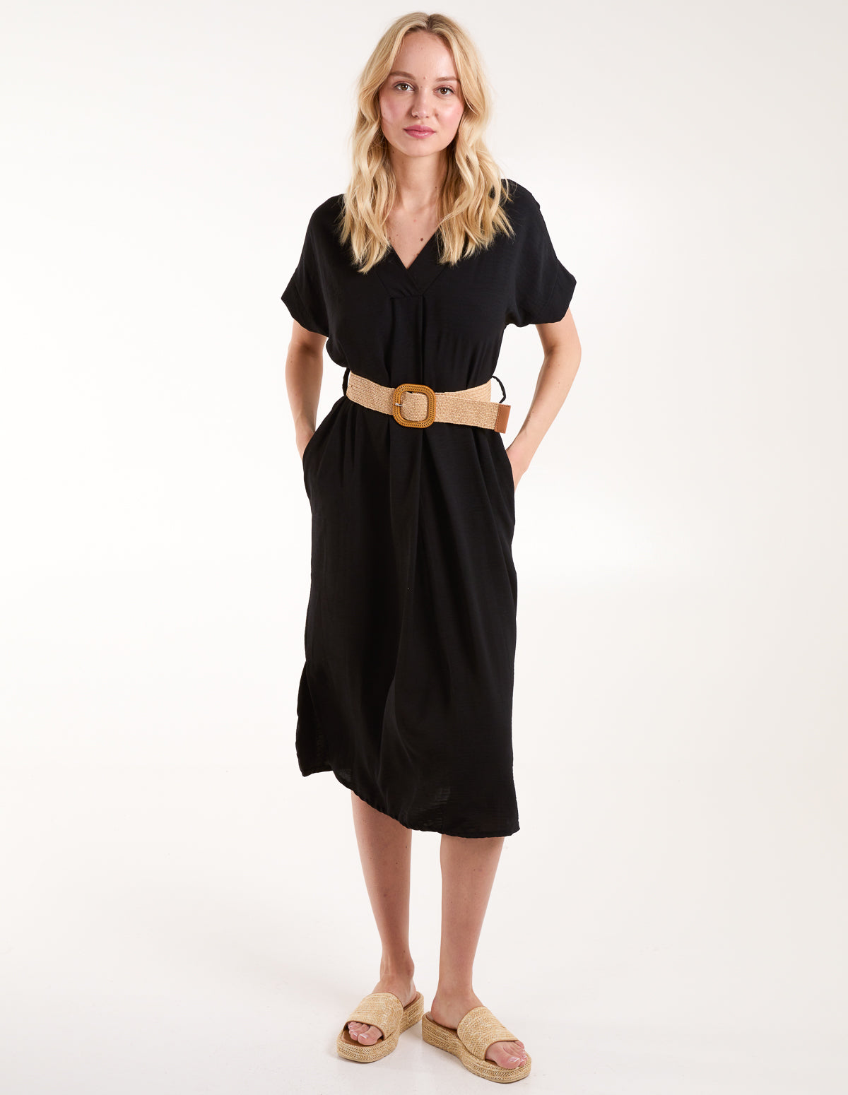 V Neck Midi Dress with Belt 