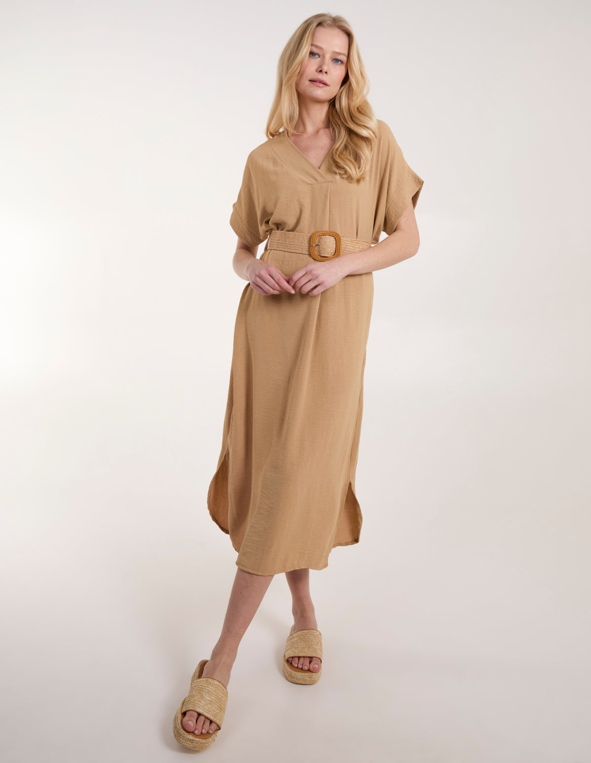 V Neck Midi Dress with Belt 