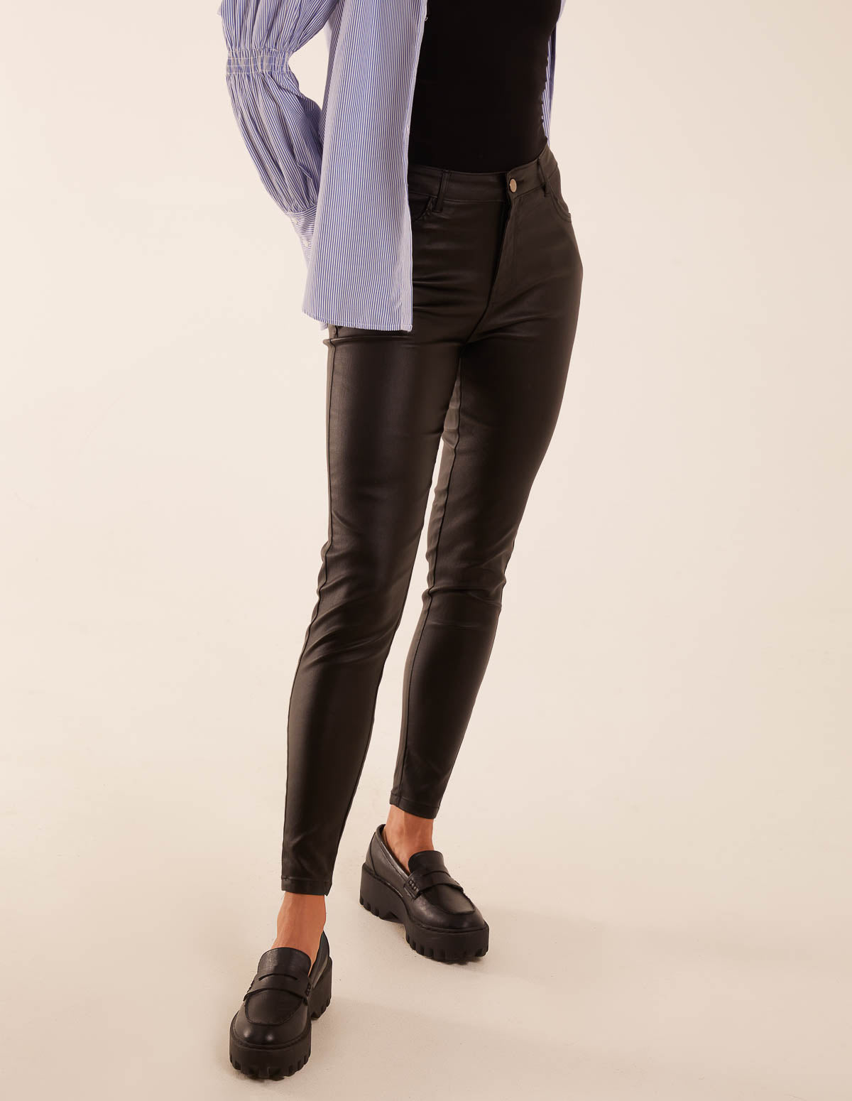 PU Mid Rise Coated Skinny Jeans 