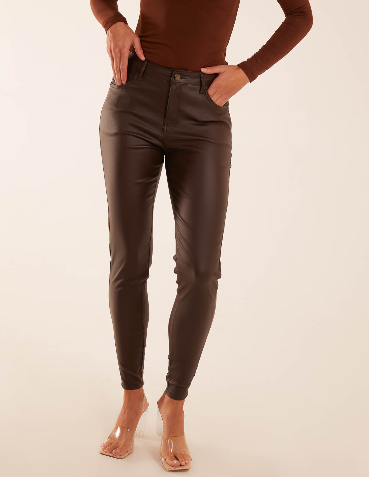 PU Mid Rise Coated Skinny Jeans 