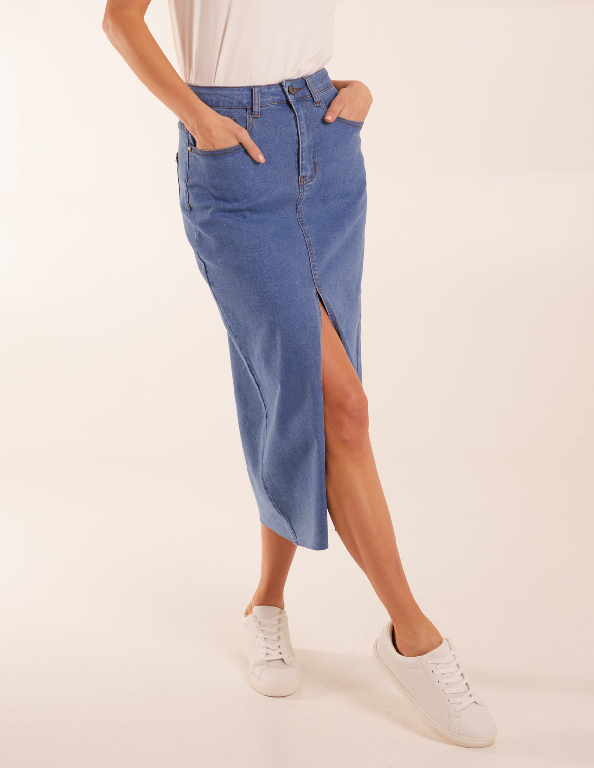 High Rise Denim Maxi Skirt 