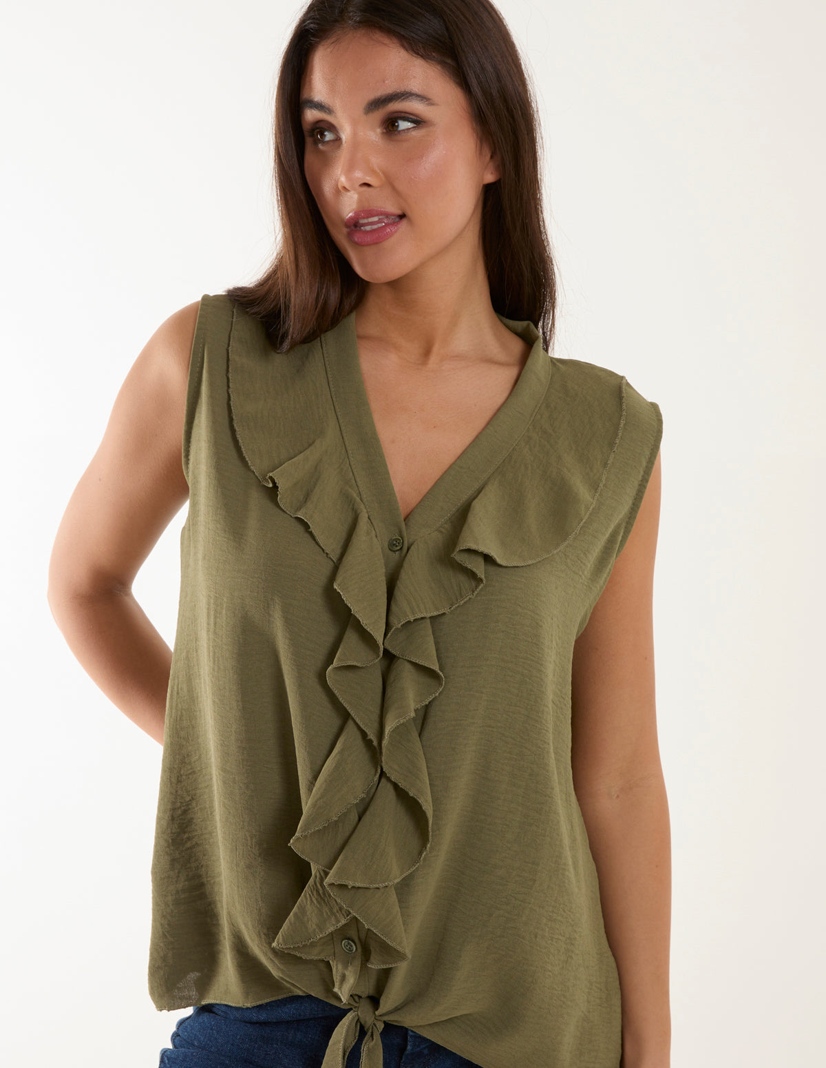 V Neck Ruffle Top with Knot 