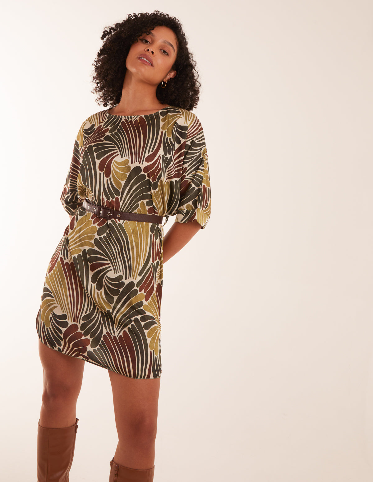 Satin Printed Belted Dress 