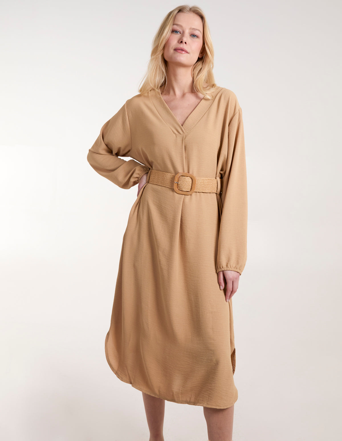 V Neck Long Sleeve Dress With Belt 