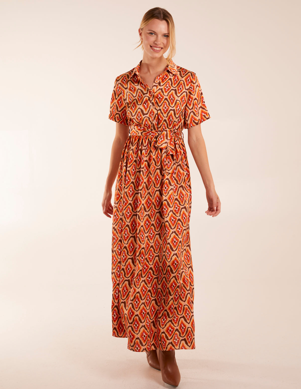 Geometric Belted Maxi Shirt Dress - 8 / Rust