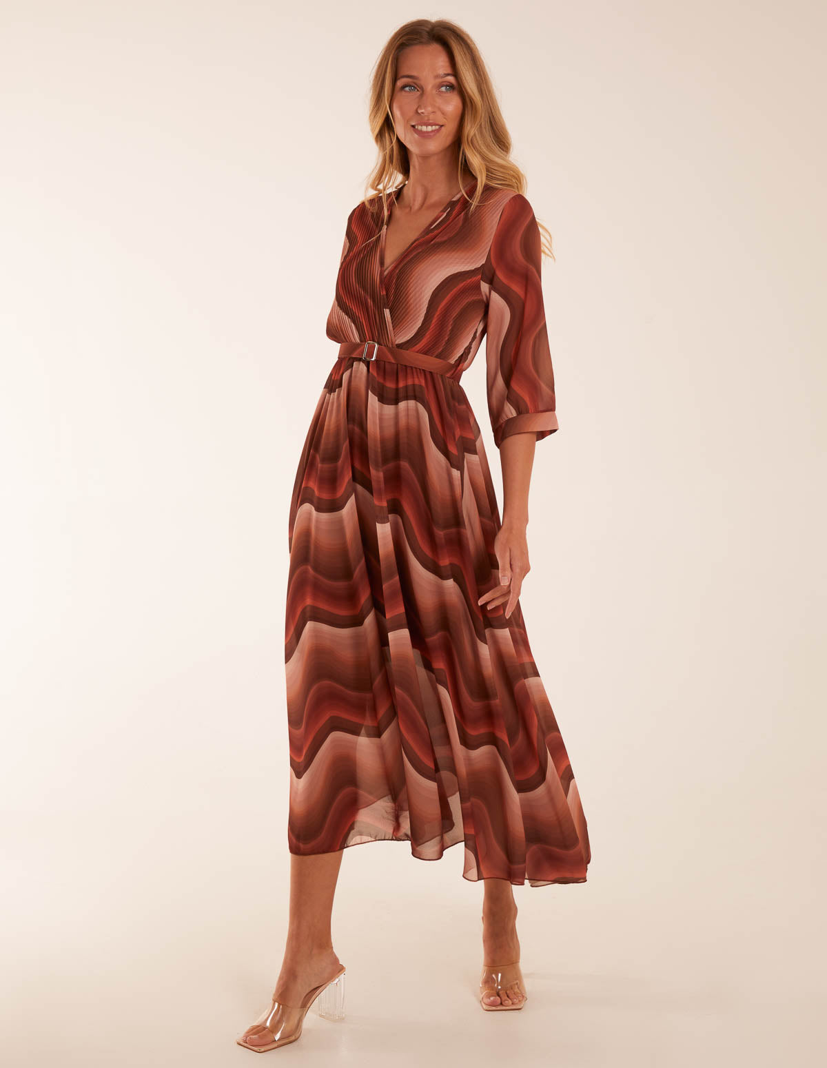 Chiffon Swirl Print Wrap Front Maxi Dress - M/L / BROWN