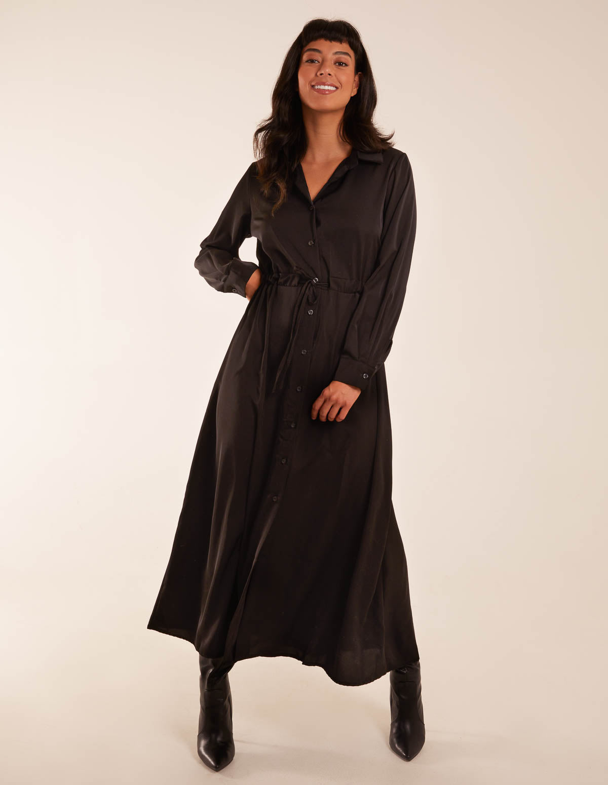 Drawstring Button Through Shirt Maxi Dress 