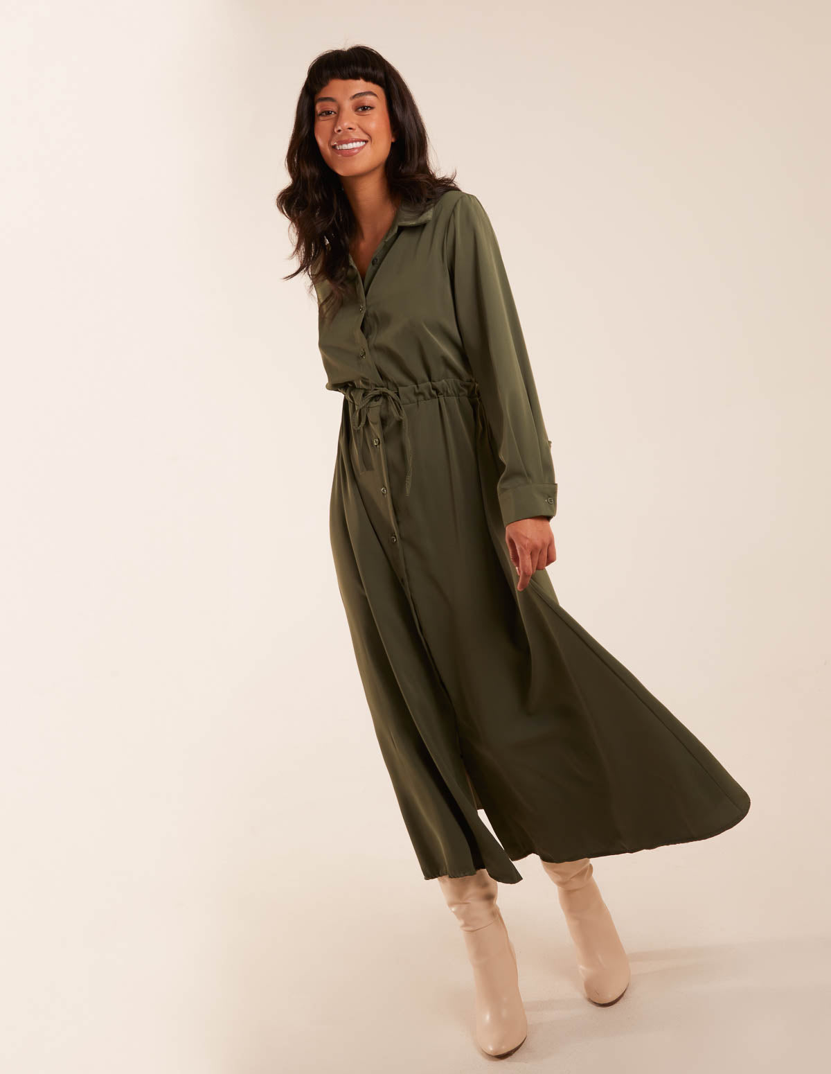 Drawstring Button Through Shirt Dress 