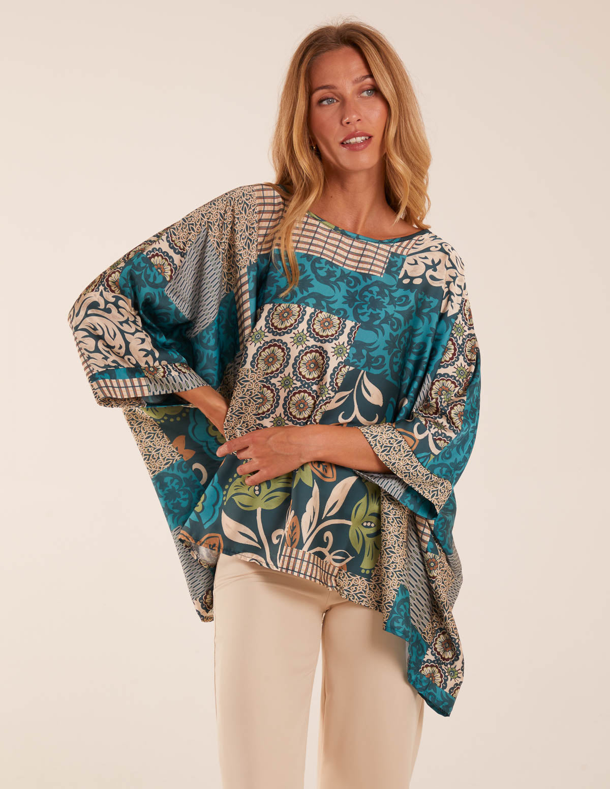 Patchwork Satin Oversized Top - ONE / Teal