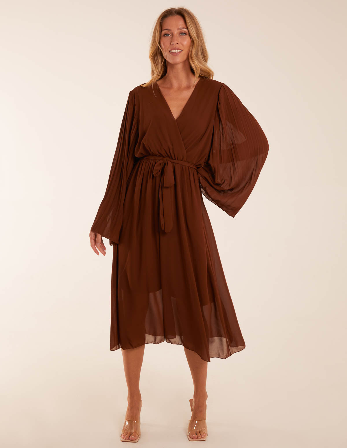 Wrap Front Pleated Sleeve Midi Dress 