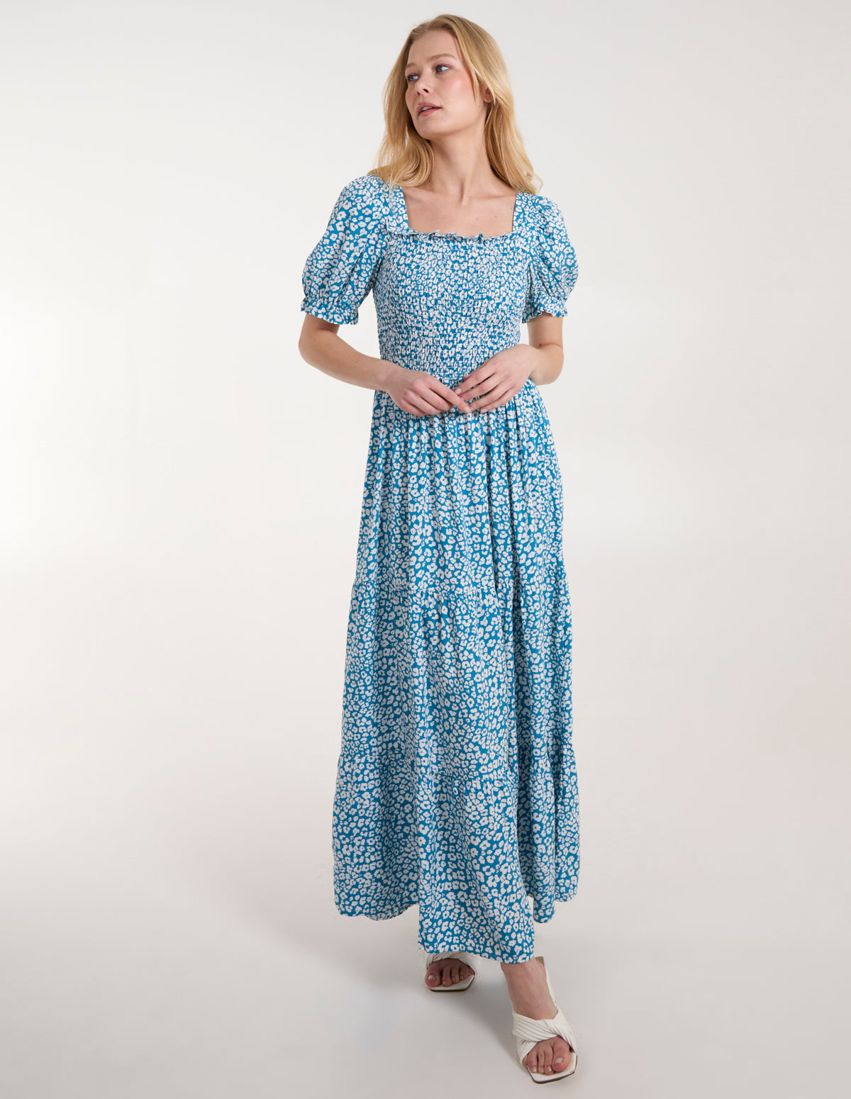 Square Neck Short Puff Sleeve Maxi Dress 