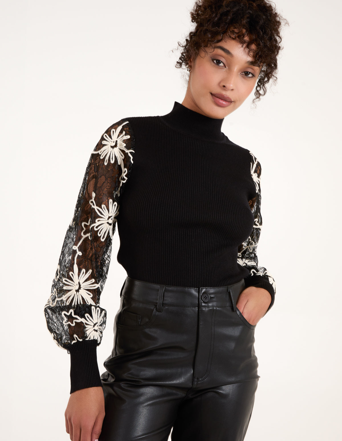 Lace Sleeve High Neck Jumper 