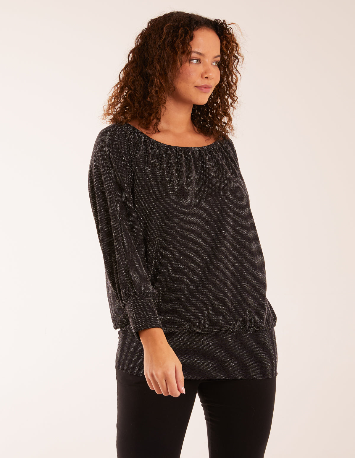 Wide Scoop Batwing Hem Metallic Top 