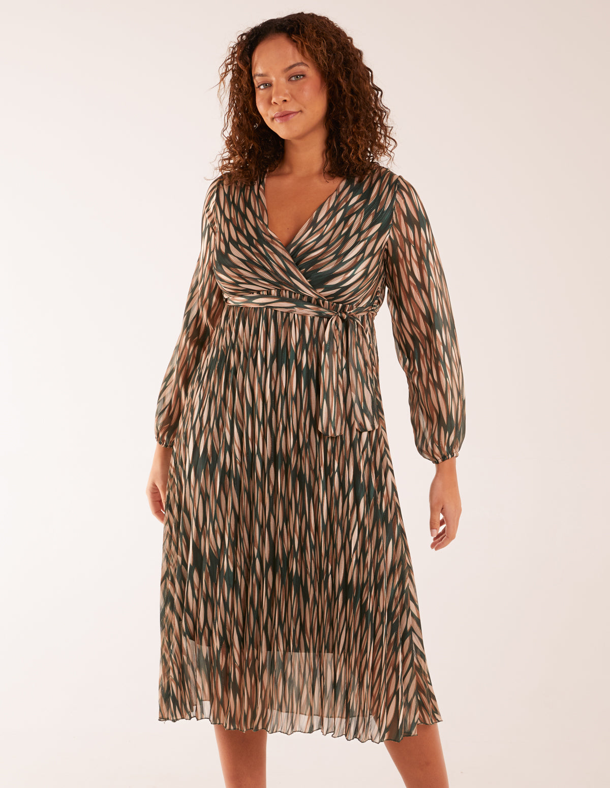 Wrap Over Metallic Vertical Print Dress 