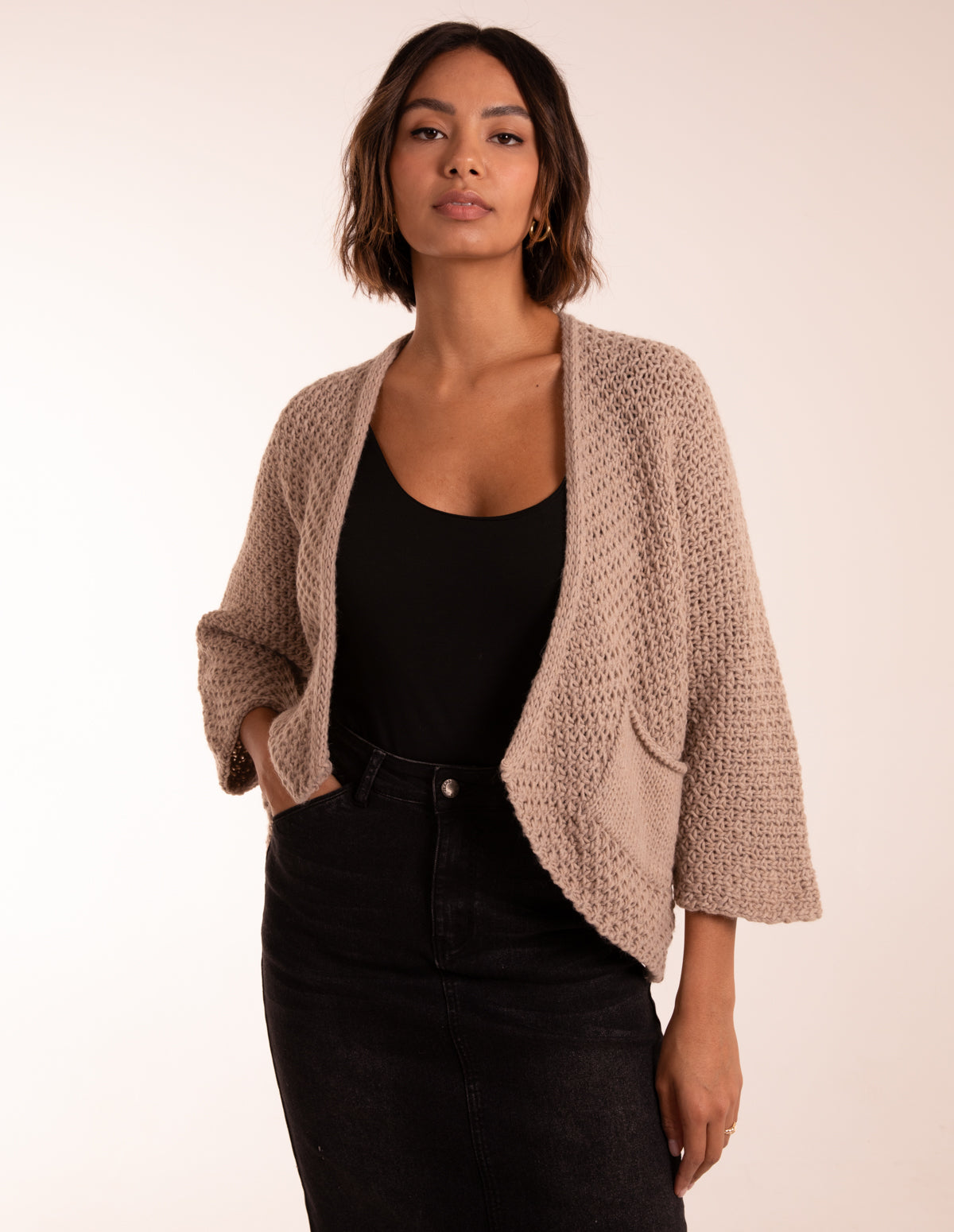 Open Front Pocket Cardigan - ONE / BEIGE