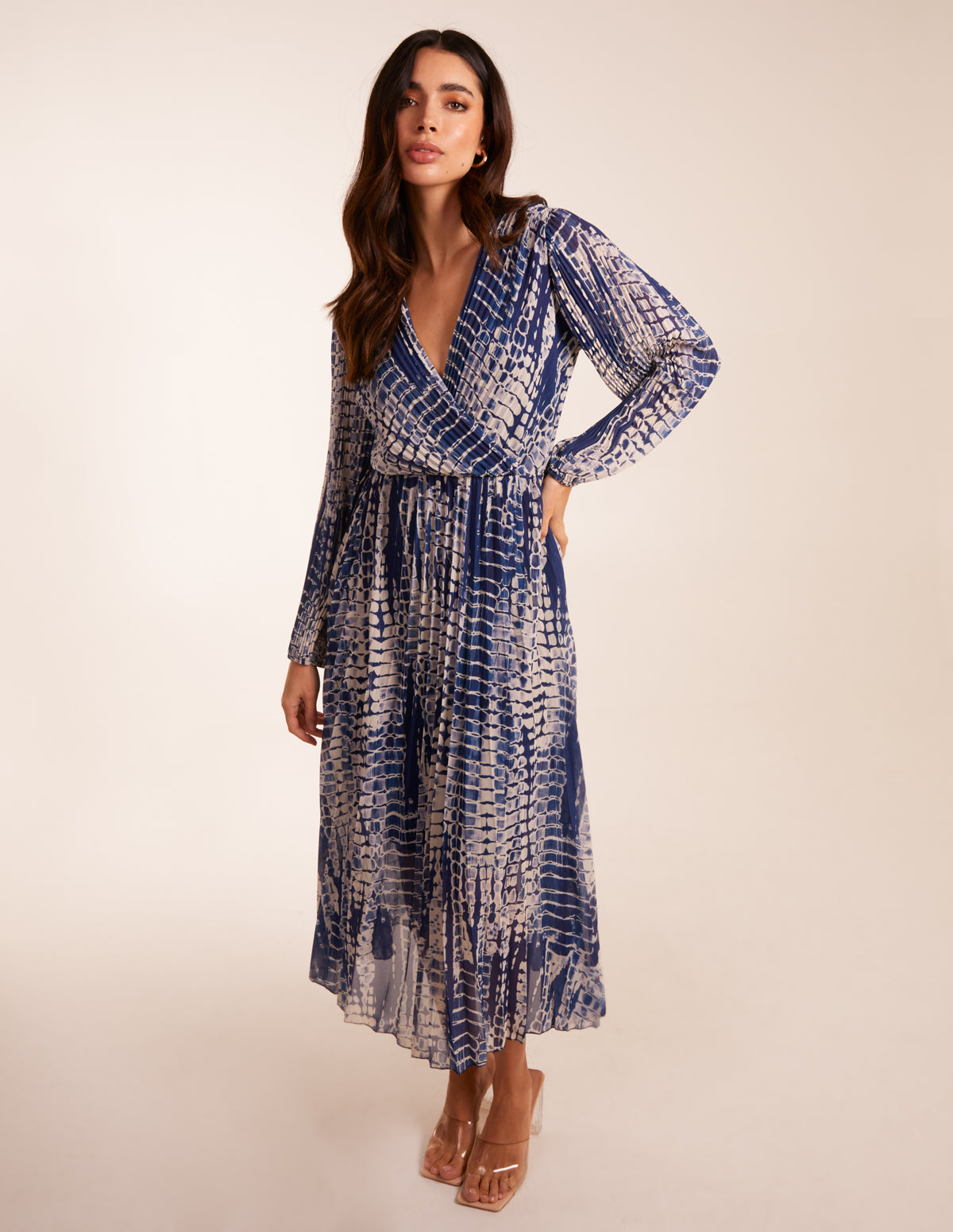 Pleated Abstract Snake Print Wrap Dress 