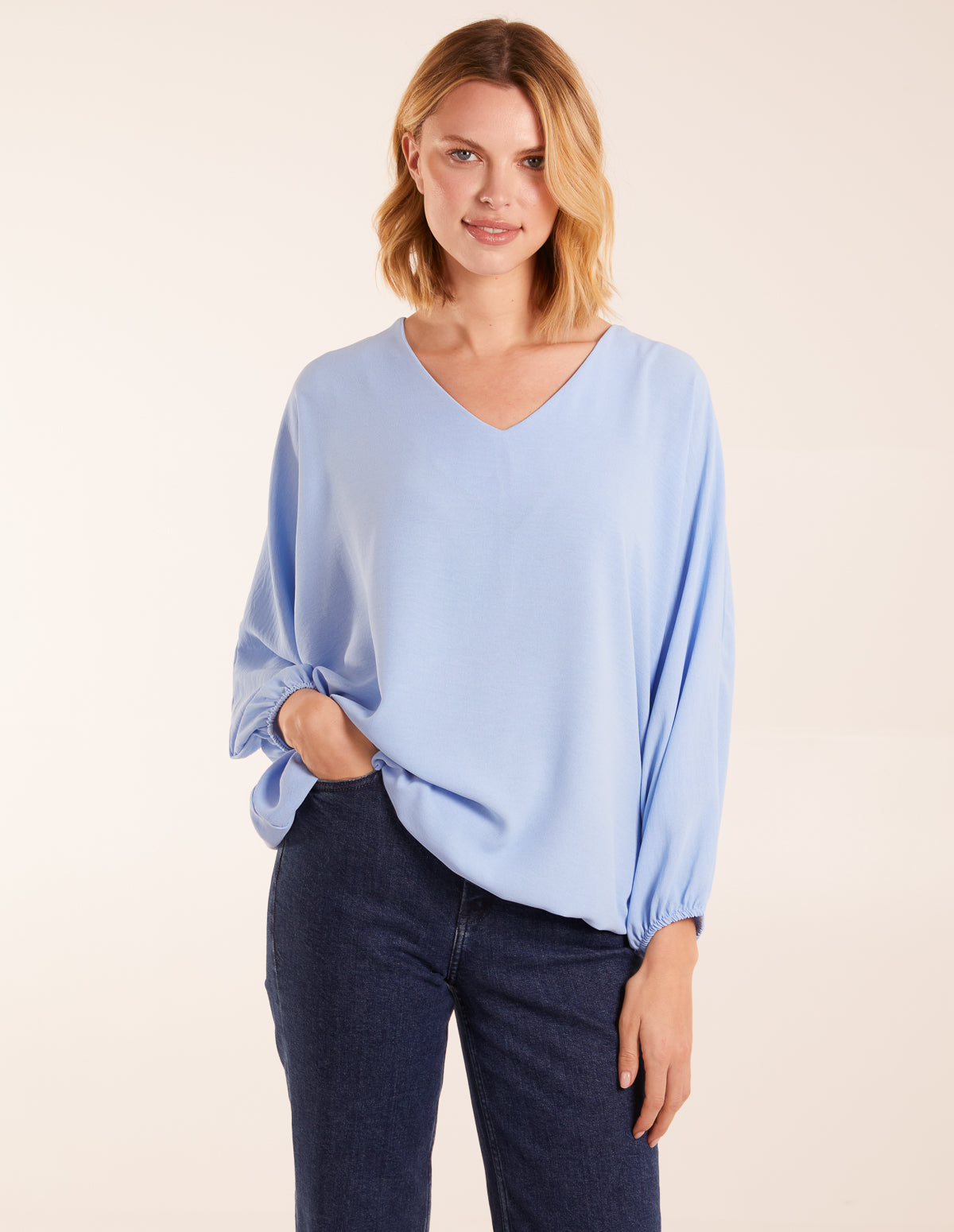 V Neck Puff Sleeve Blouse 