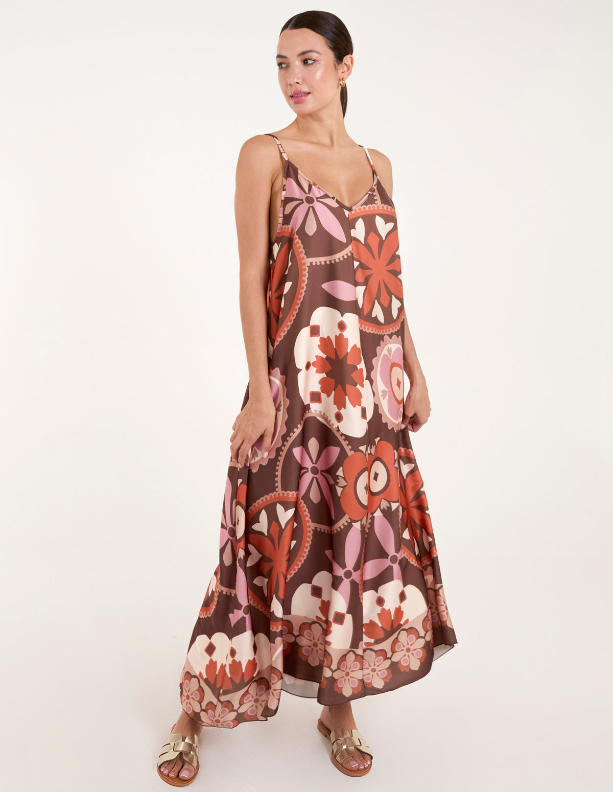 Abstract Printed Cami V Neck Maxi Dress 