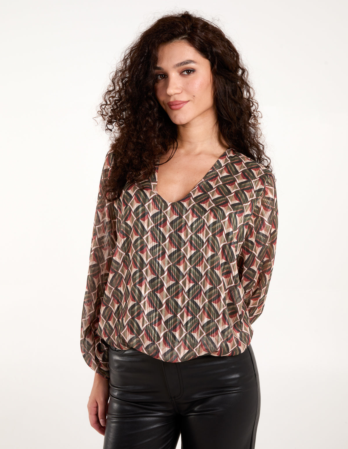 Geoemtric Print V Neck Bubble Hem Top 