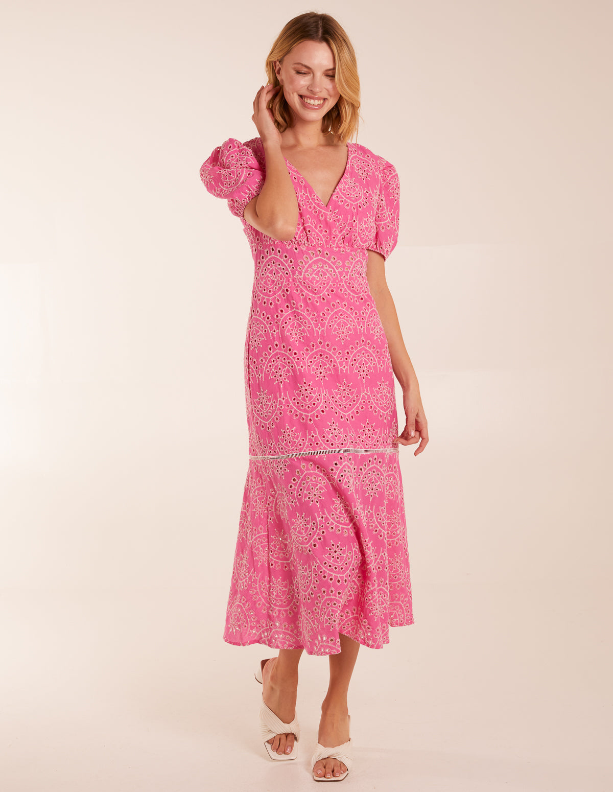 Broderie Anglaise Puff Sleeve Midi Dress 