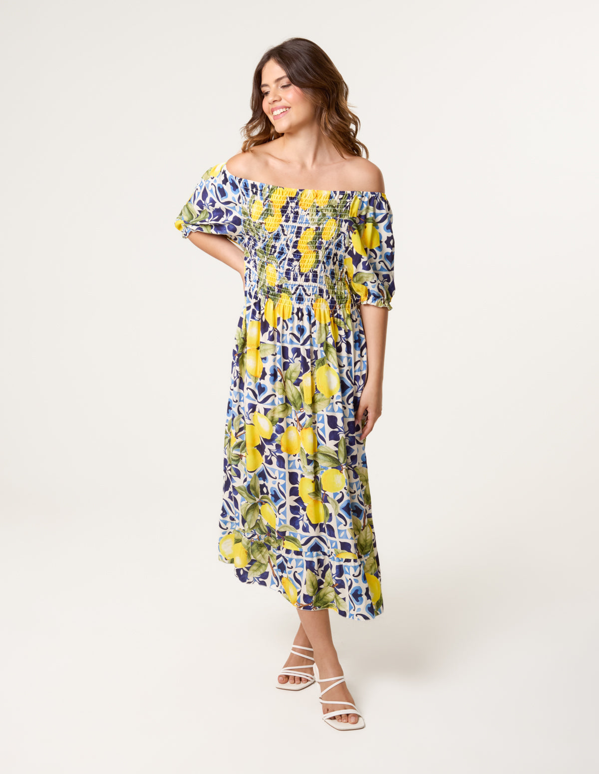Lemon Print Milkmaid Dress - S/M / NAVY