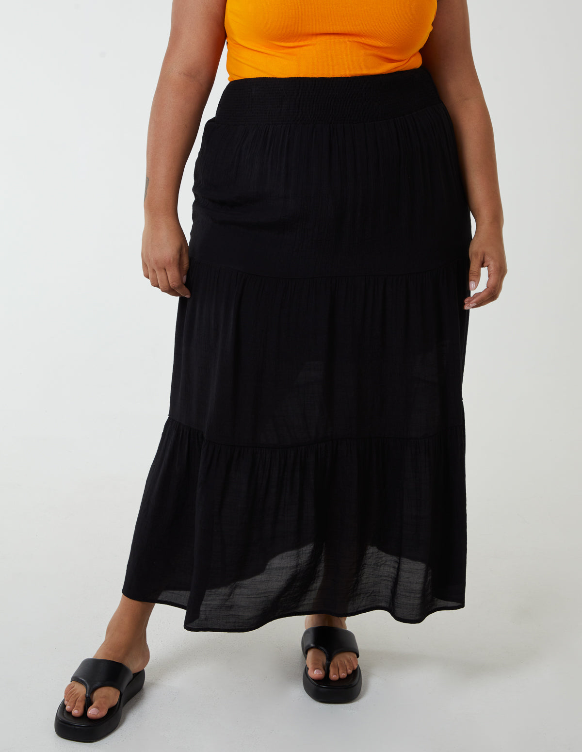 Curve Tiered Shirred Maxi Skirt - 26/28 / BLACK