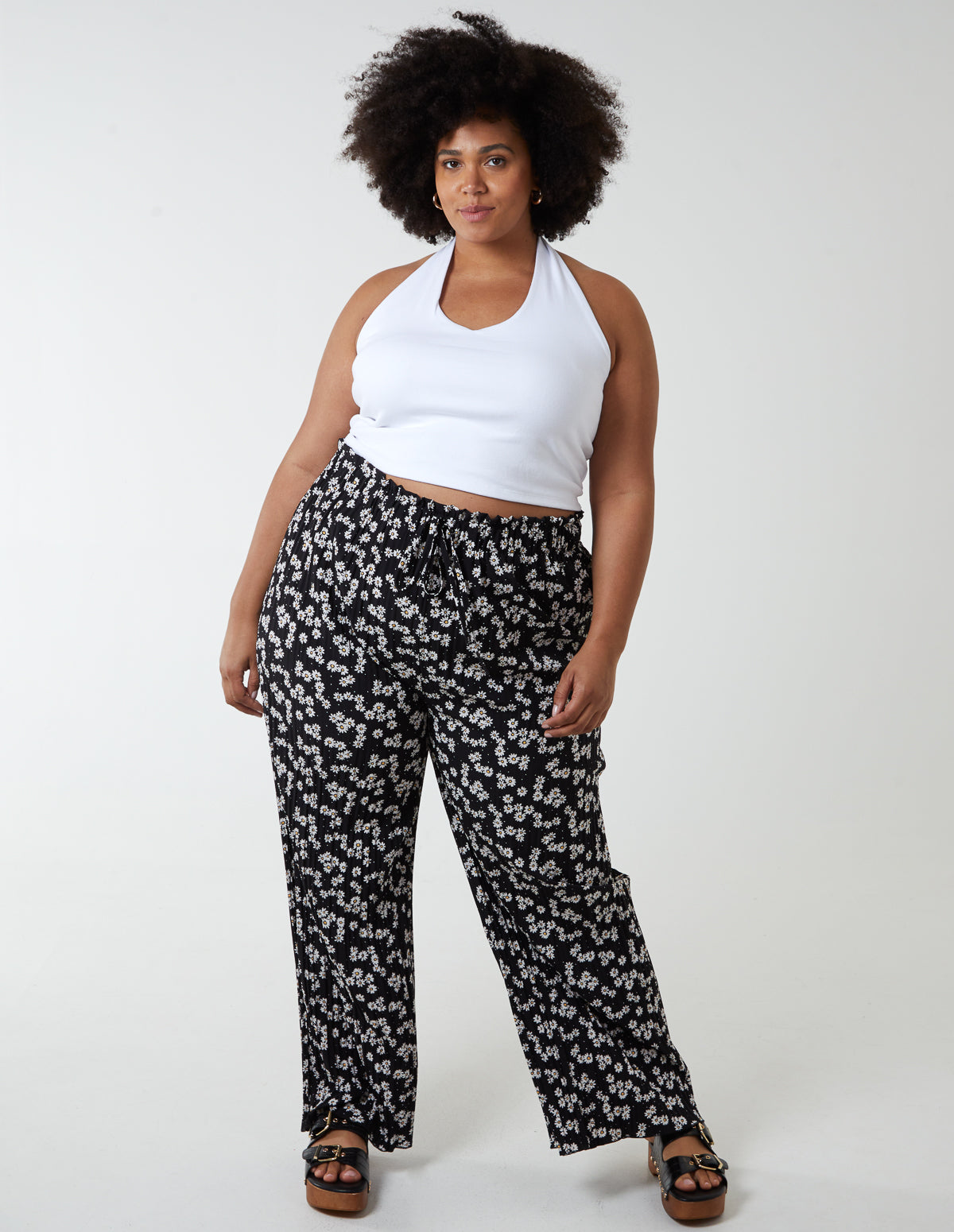 Curve Daisy Print Plisse Culotte - 18/20 / BLACK