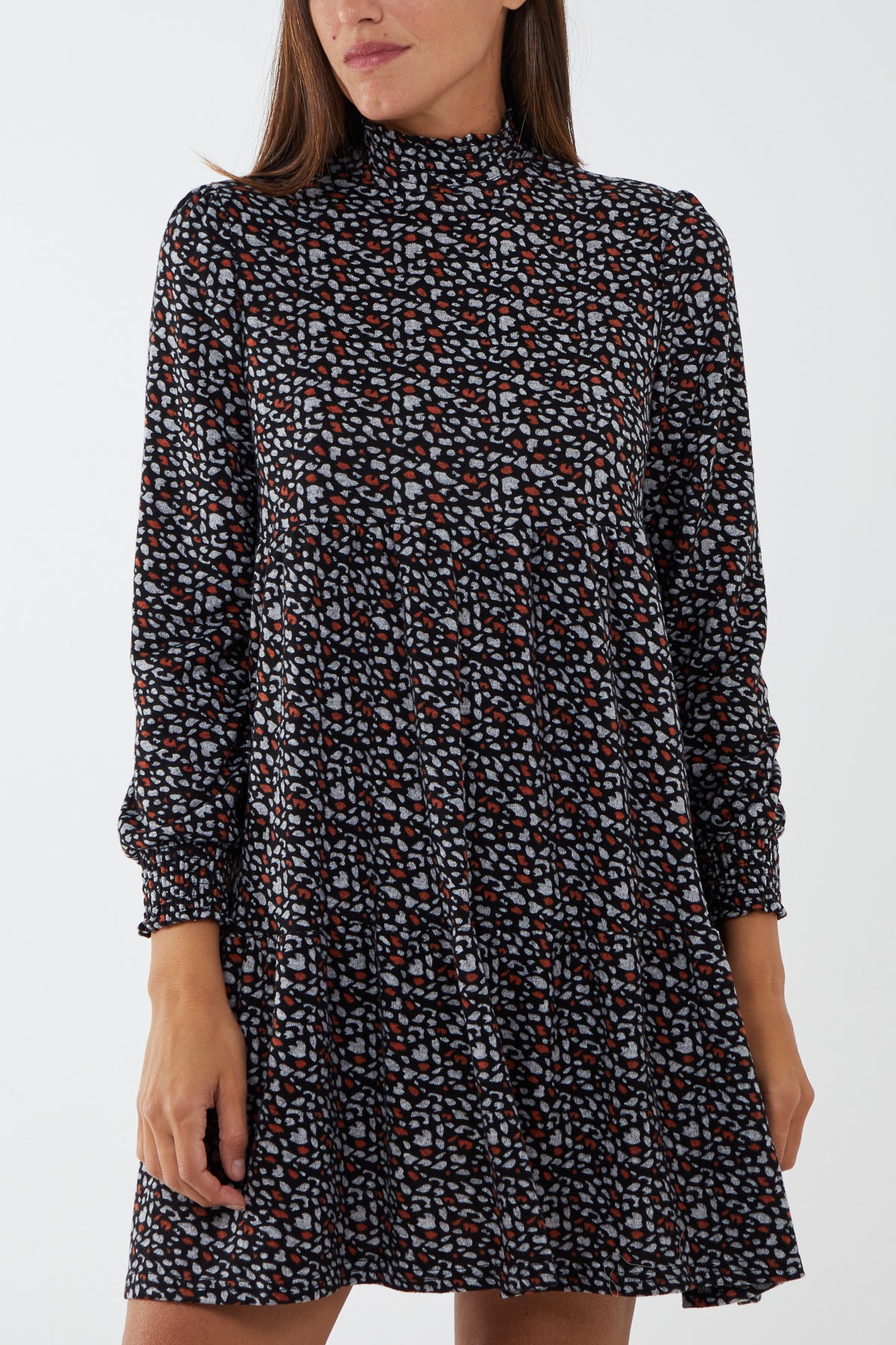 High Neck Abstract Print Smock Dress 