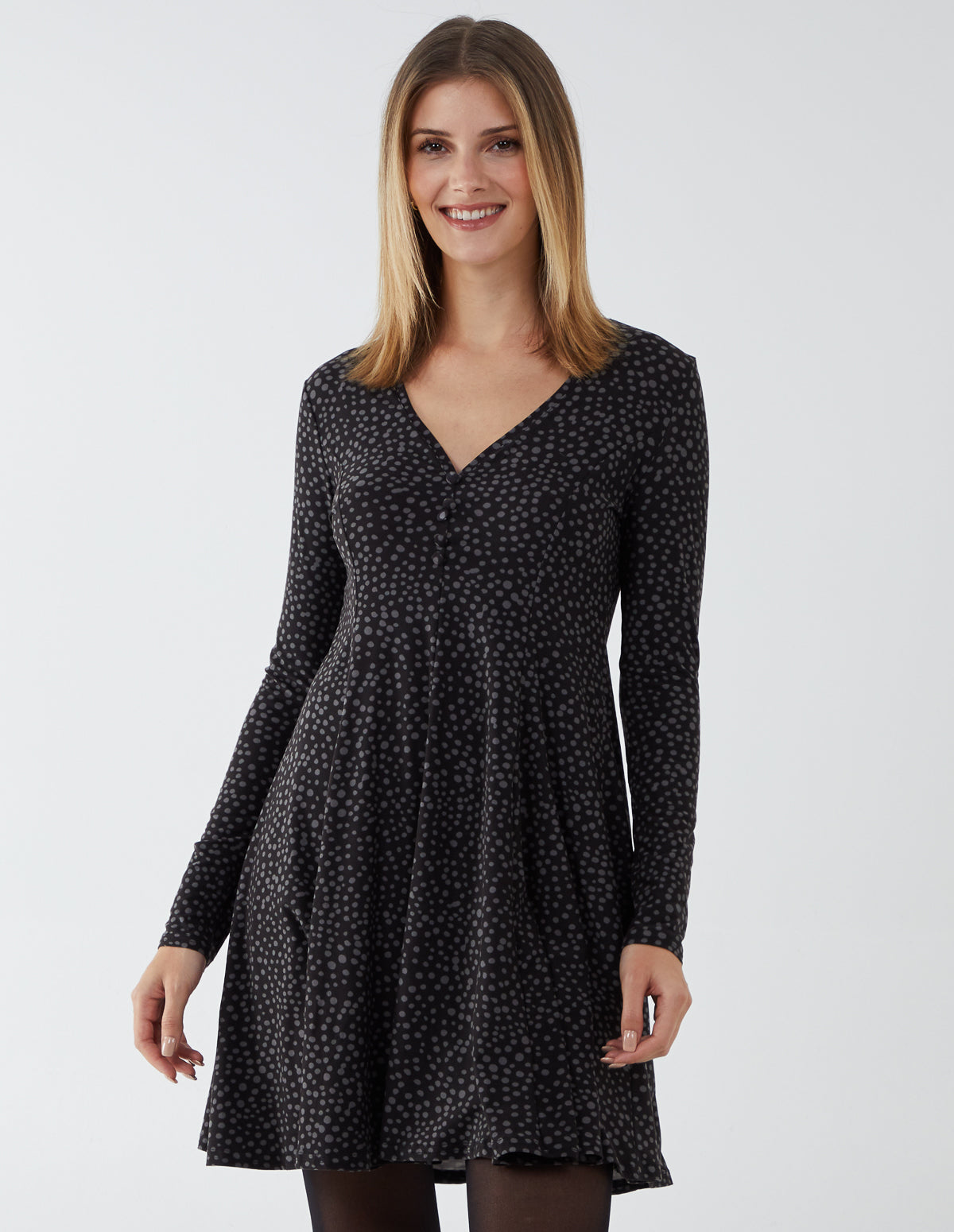 Abstract Spot Button Front Fit Flare Dress 