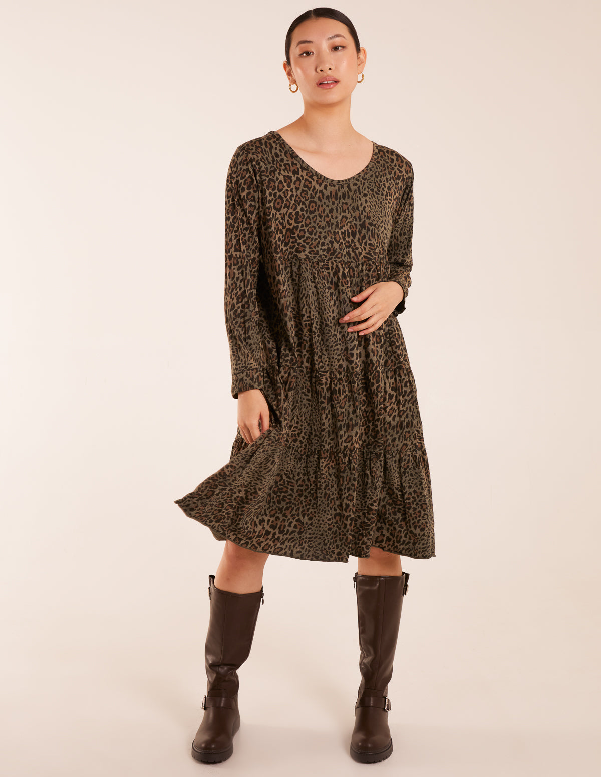 Tiered Leopard Roll Sleeve Smock Dress 