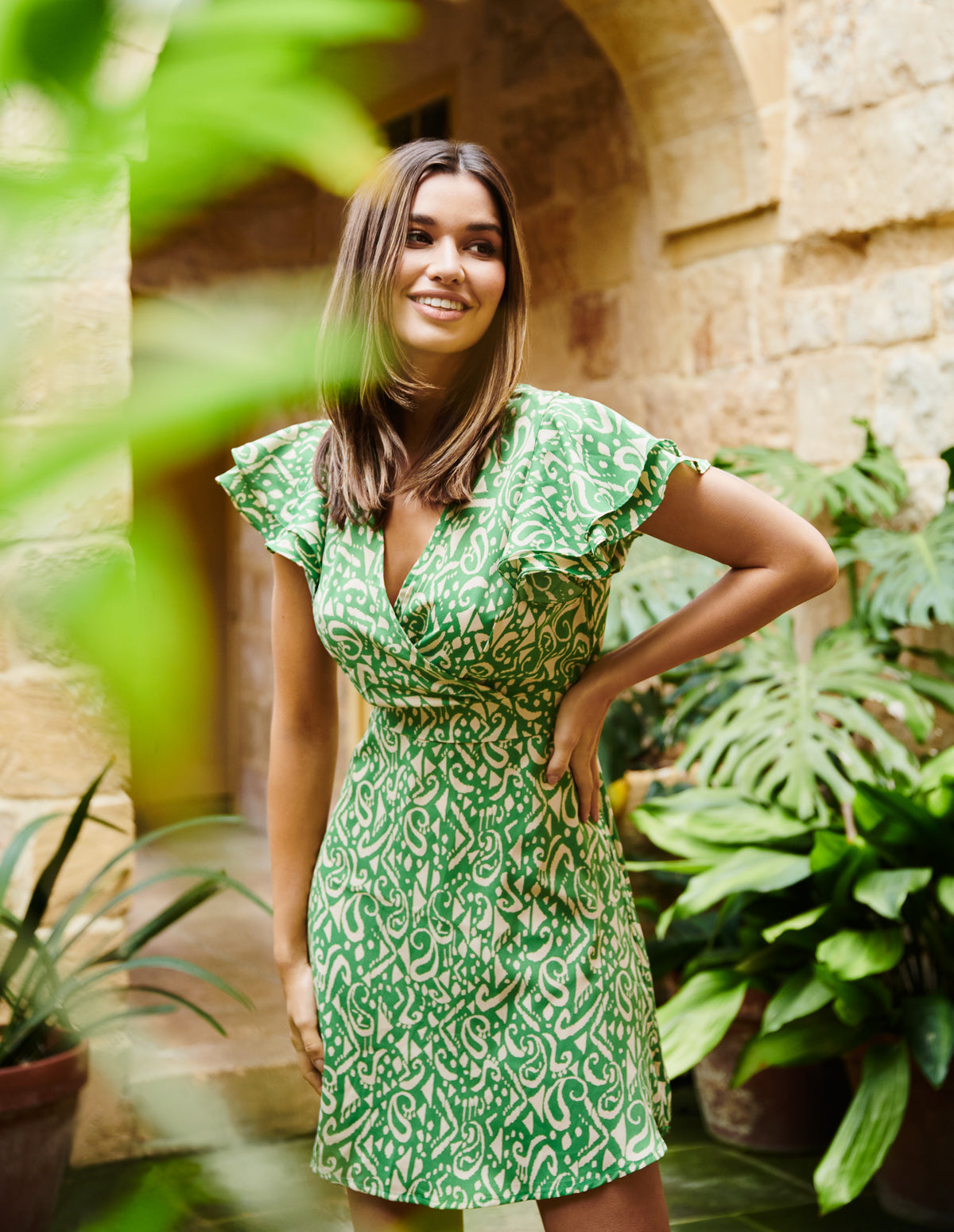 Aztec Wrap Ruffle Frill Sleeve Mini Dress 