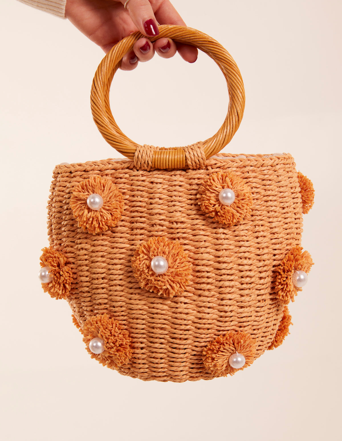 Pearl Pompom Mini Woven Handbag 