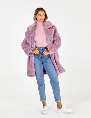 Tilly Lilac Drop Shoulder Double-Breasted Teddy Coat