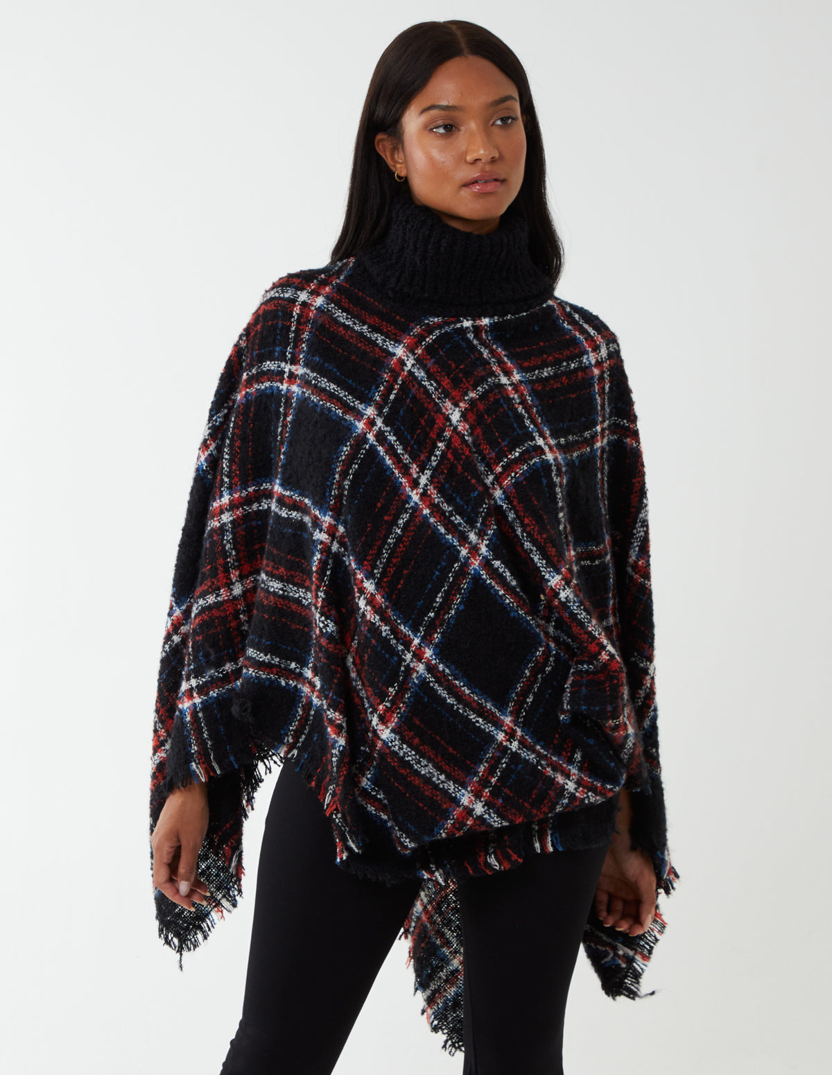 Tartan Roll Neck Poncho 