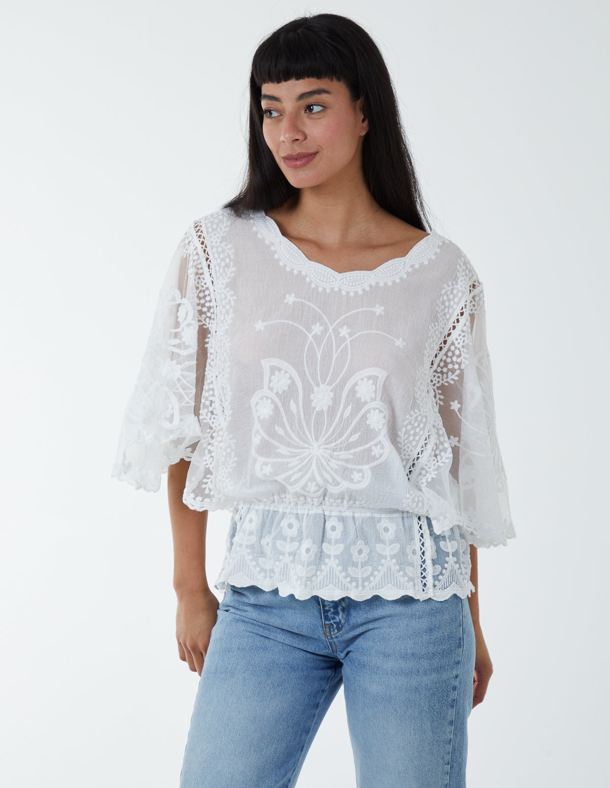 Floral Lace Butterfly Sleeve Blouse 
