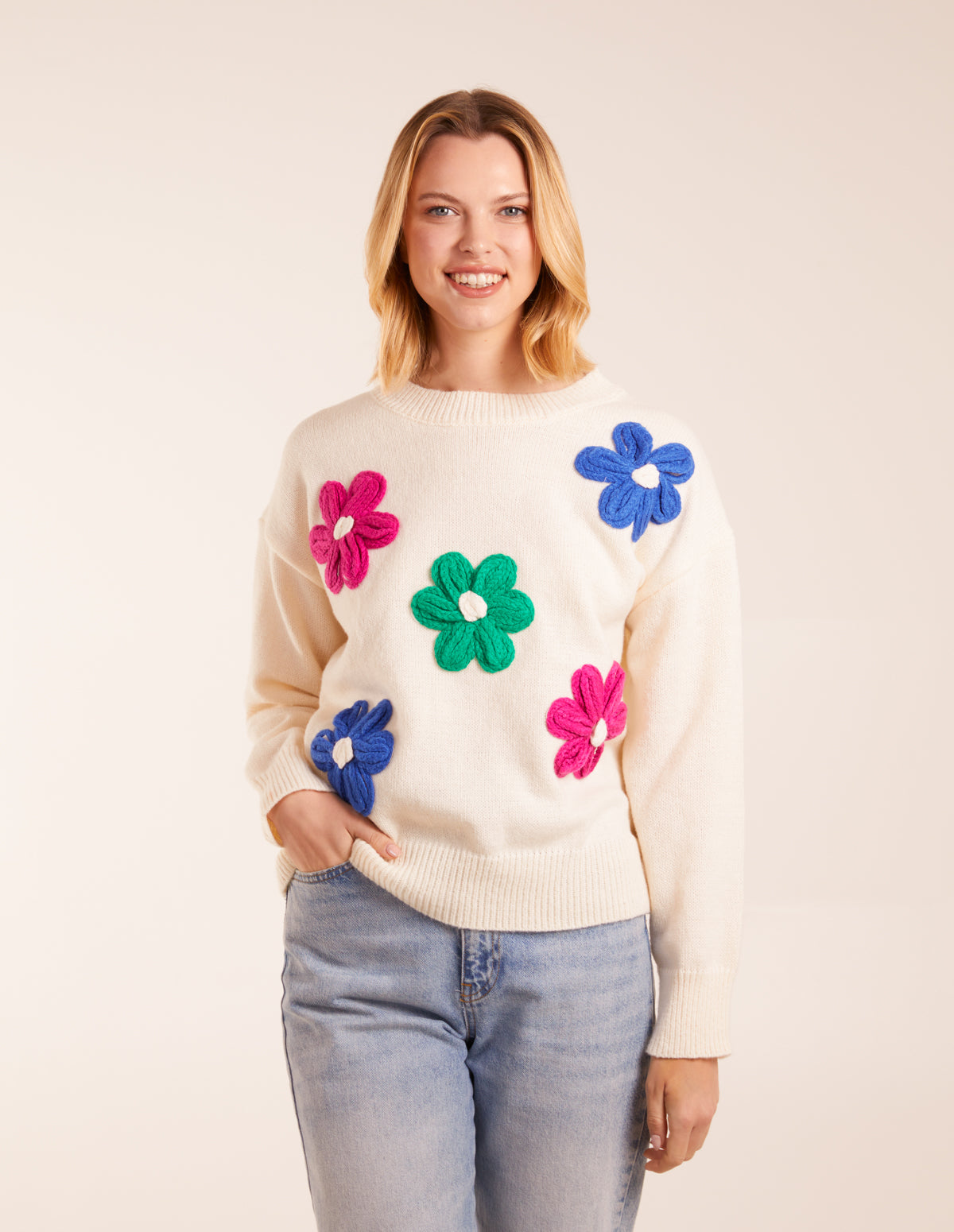 Patchwork Embroidered Daisy Flower Knit Jumper 