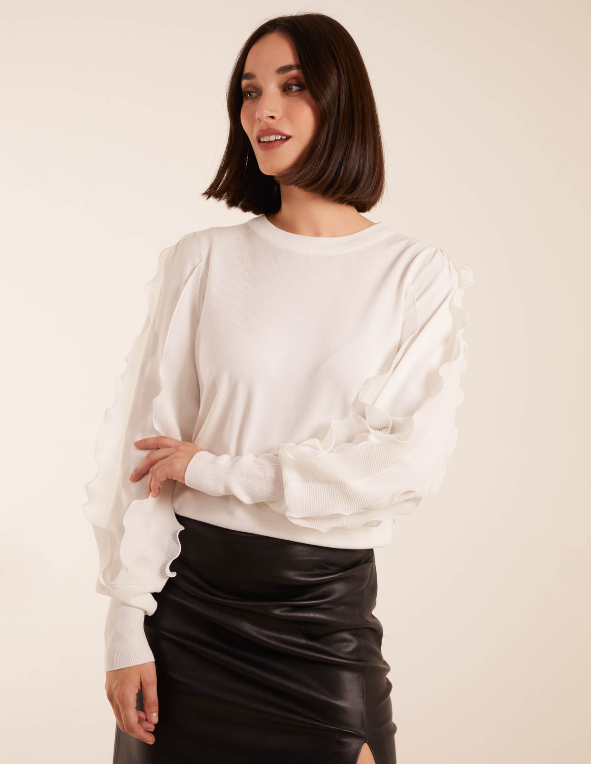 Frill Sleeve Jumper - 10 / WHITE