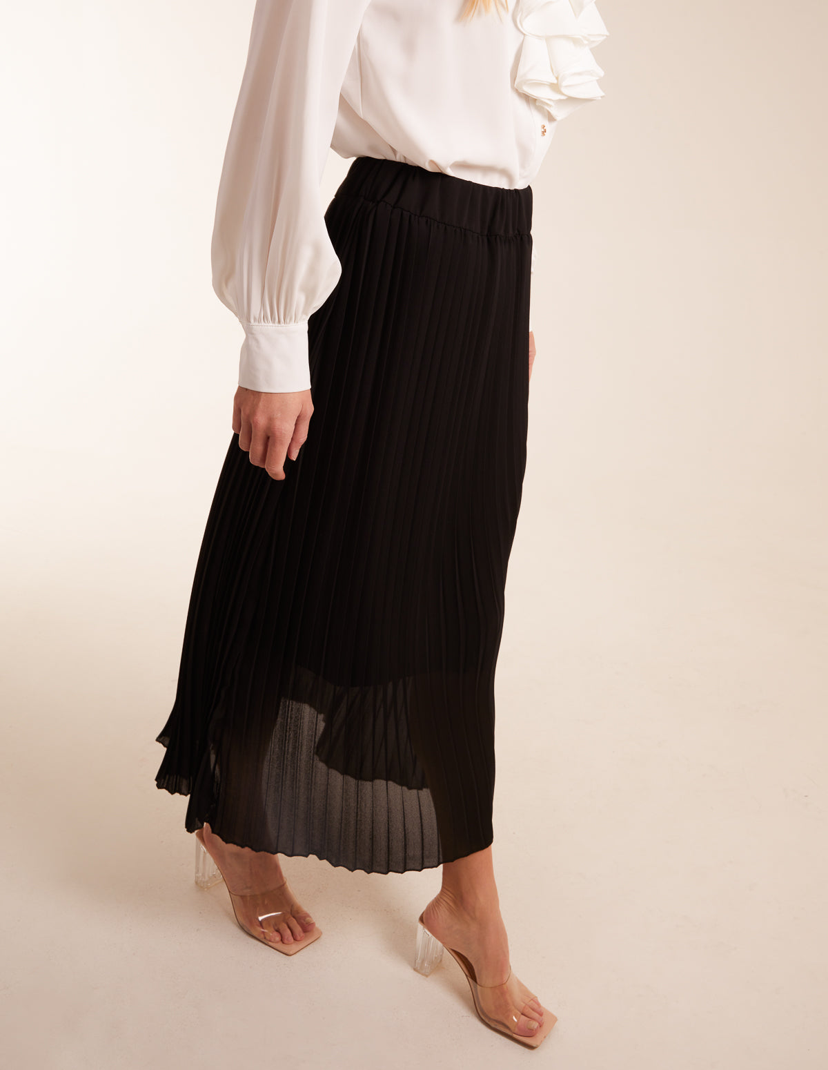 Pleated Deep Waist Band Midi Skirt 