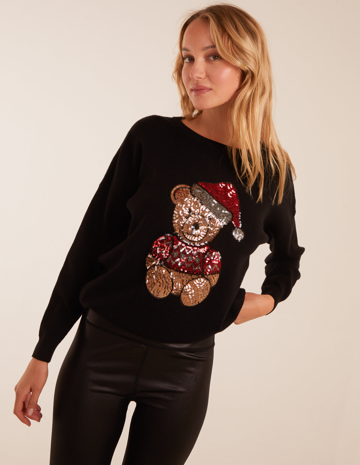 Christmas Sequin Teddy Bear With Santa Hat Jumper 